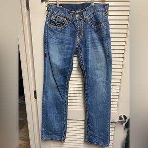 True Religion Ricky Straight Leg Jeans Mens 32x34 USA Flap Pocket Thick Stitch